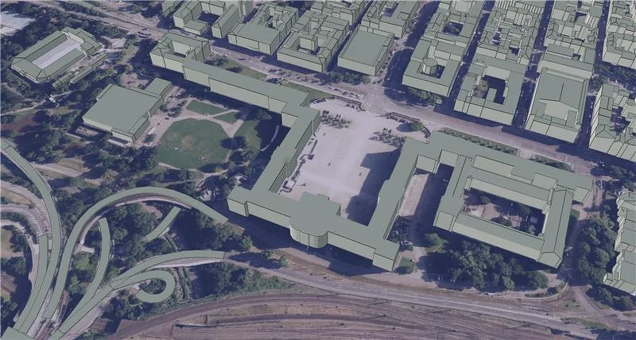 Das Barockschloss Mannheim im Luftbild mit 3D-Gebäuden, schräg von oben gesehen: Der Ehrenhof zwischen den Schlossflügeln ist vollständig versiegelt und hell, ohne Bäume.